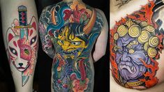 three different colored tattoos on the back of men's arms and legs, each with an image of a demon