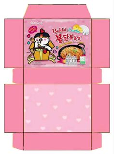 an open box with some food in it on top of a pink paper sheet that has hearts