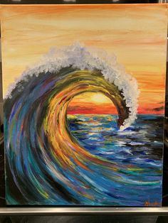 an oil painting of a wave in the ocean at sunset or sunrise with colors changing