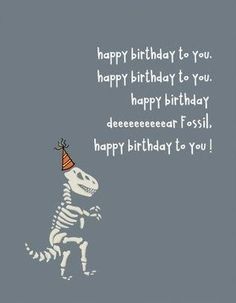 a skeleton with a party hat on it's head is standing in front of a birthday card