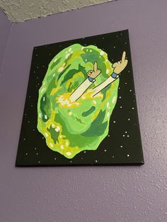 a painting on the wall of a room with a cartoon character floating in space above it