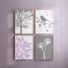 three paintings on the wall with purple and white flowers, one has a bird sitting on a tree