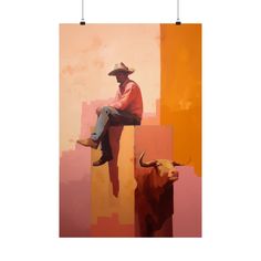 a painting of a man sitting on top of a wall next to a bull and another cow