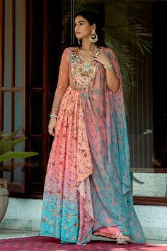 Peach and blue ombre draped anarkali with floral vine printed motifs embellished by sequins and floral thread embroidery. Comes with pant. - Aza Fashions Multicolor Floor-length Kurta With Sheer Dupatta, Multicolor Anarkali Palazzo Set With Traditional Drape, Multicolor Anarkali Palazzo Set With Sheer Dupatta, Multicolor Floor-length Kurta With Dabka Work, Floor-length Multicolor Dabka Kurta, Multicolor Floor-length Dabka Kurta, Anarkali Palazzo Set With V-neck And Dupatta, Navratri Multicolor Maxi Palazzo Set, Multicolor Maxi Length Palazzo Set For Navratri