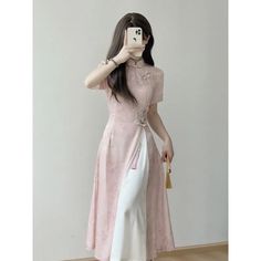 Elegant Pink Stand Collar Short Sleeve Ao Dai Vietnamese Dress for Women Chinese Style Printed Pink Short Sleeve Cheongsam For Summer, Summer Pink Dress With Stand Collar, Ao Dai Vietnamese, Vietnamese Dress, Cheongsam Dress, Ao Dai, Cheongsam, Dress For Women, Chinese Style