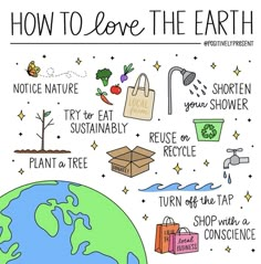 how to love the earth poster with words on it and pictures of food, plants, and other things