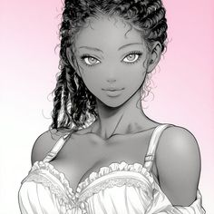 a black and white drawing of a woman with braids on her head, wearing a bra