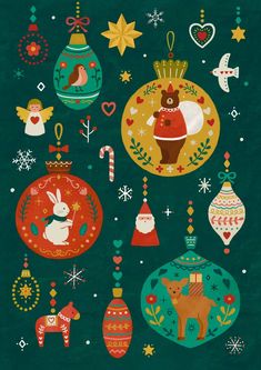 an image of christmas ornaments with animals and decorations on the bottom right hand corner in green