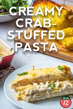 creamy crab stuffed pasta on a white plate