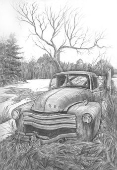 an old truck is sitting in the grass near a tree and road with no leaves on it