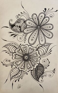 an ink drawing of flowers and leaves