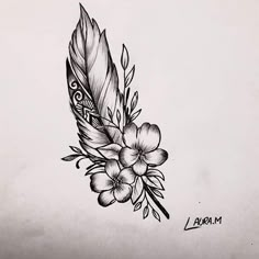 a drawing of a feather with flowers on it