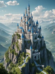 an image of a castle on top of a mountain with blue turrets and spires