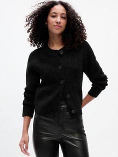 Ribbed Crewneck Cardigan | Gap Factory Black Ribbed Crew Neck Cardigan, Classic Crew Neck Sweater With Button Cuffs, Classic Black Ribbed Cardigan, Black Knit Cardigan With Ribbed Cuffs, Casual Ribbed Cardigan For Work, Classic Black Ribbed Outerwear, Black Crew Neck Cardigan With Ribbed Collar, Classic Ribbed Button-up Sweater, Classic Button-up Ribbed Sweater