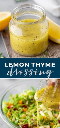 lemon thyme dressing being drizzled over a salad in a glass bowl