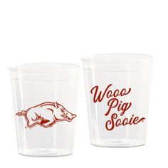 two plastic cups with the words waco pig soirer and a hog logo on them