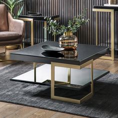 a black and gold coffee table in a living room