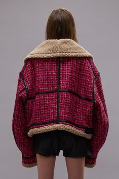 Oversized aviator jacket built from wool blend tweed, featuring leather binding details and a plush sherpa lining. Made in NYC Color: Raspberry Tweed 52% Wool, 30% Mohair, 14% Polycotton, 4% Polyamide R13W9320-R441A R13 Denim, Slouch Pants, Sweaters Vintage, Leather Binding, Aviator Jacket, Aviator Jackets, Graphic Tees Vintage