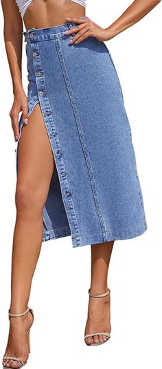 Jean Skirts for Women Denim Midi Jean Skirt Button Up High Waist Stretch Solid Long Denim Skirts with Slit LightBlue XL at Amazon Women’s Clothing store Jean Skirt With Buttons, Midi Jean Skirt, Beach School, Midi Jeans, Blue Jean Skirt, Skirt With Buttons, Denim Jean Skirt, Denim Skirt Women