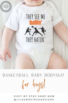 This adorable basketball baby bodysuit is the ideal gift for a new parent who is a basketball lover! Perfect as a baby shower gift; as a baby announcement; a great addition to other gifts for the new parents, and without saying, during the basketball season. And of course: you can always buy it “just because” – your baby boy's cute introduction to your favorite sport, Basketball. This sweet baby bodysuit will sure be a hit with your fellow basketball lovers ♥ Shop today! #basketballbaby Baby Shower Gifts