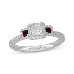 a diamond and ruby engagement ring with the name neil lane on it's side