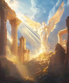 an angel standing on top of a rocky hill next to columns and pillars in the sky