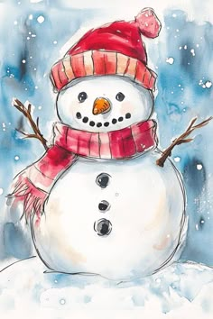 a watercolor painting of a snowman wearing a red hat and scarf