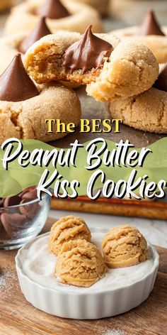 the best peanut butter kiss cookies on a cutting board with text overlay that reads, the best peanut butter kiss cookies