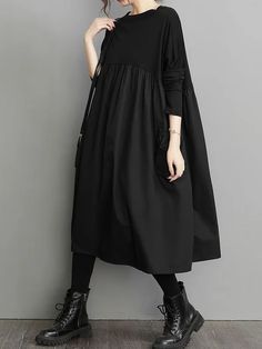 Simple Loose Black Split-Joint Long Sleeves Midi Dress Black Long Sleeve Midi Dress, Neck Wrinkles, Simple Black Dress, High Waist Dress, Summer Fabrics, Long Sleeve Midi, Mode Inspo, Long Sleeve Midi Dress, Solid Dress