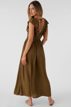 Elegant woven maxi dress that has a deep v-neckline, ruffle detail and solid color wash. O'Neill Women's woven maxi dress 56" In length Bodice ruffles Pin tucks on bodice Tie back detail Solid color wash 100% Viscose Crinkle | O'Neill Women's Nolee Solid Maxi Dress in Military Olive, Size XS, Viscose Beach V-neck Ruffled Maxi Dress, Green V-neck Maxi Dress With Smocked Back, Beach V-neck Ruffle Maxi Dress, Beach V-neck Maxi Dress With Ruffles, Maxi Length V-neck Ruffled Beach Dress, Flowy Maxi Length V-neck Dress With Ruffles, Flowy Ruffled V-neck Maxi Dress, Solid Bohemian Maxi Dress, Casual Ruffled Floor-length Maxi Dress