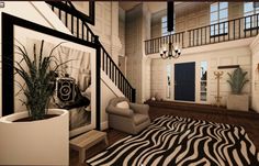 a living room filled with furniture and a zebra print rug