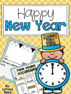 a happy new year poster with a boy holding a clock and writing on the front