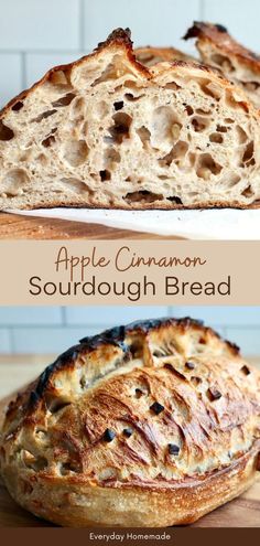 an apple cinnamon sourdough bread is cut in half and placed on a cutting board