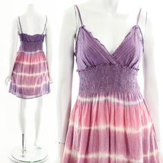 "- purple and pink strappy tiedye baby doll dress - vertical gold stitching - deep v-neck - stretchy ruched waist - lined - adjustable straps Label: Planet Gold Tag Size: M Fits like: S - M Material: Cotton Condition: Excellent Clipped on Mannequin: no ✂ SIZE + FIT ✂ Length: 33\" / 84 cm Shoulders, seam to seam: 14\" / 36 cm Bust: 32\" / 81 cm Waist: 26\" to 38\" / 66 cm to 97 cm Hips: 54\" / 137 cm All measurements are taken with garment lying flat. ALWAYS refer to measurements as vintage sizes 90s Summer Dress, Pink Baby Doll Dress, 90s Summer, Mlp Oc, Gold Tag, Dress Form Mannequin, Rose Violette, Baby Doll Dress, Legally Blonde