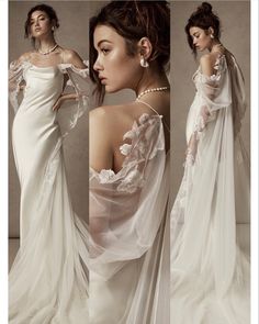 a woman in a white wedding dress with sheer sleeves and veil on her head is posing for the camera