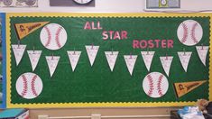 a bulletin board with baseballs and pennants on it that says all star roster