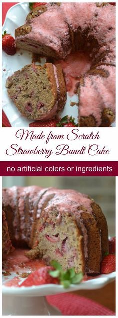 strawberry bundt cake on a white plate with pink icing and strawberries in the background