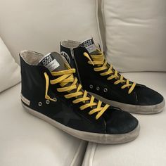 Brand New With Tags, Box, And Shoe Bag. Size 45. Combination Of Black Canvas, Black Suede, Yellow Laces. No Obvious Damage. Never Worn. These Are Intended To Have A Distressed Worn In Look. Made In Italy. Price Is Firm, Retails Over $595 Plus Tax. Mens High Top Sneakers, Golden Goose Francy, Golden Goose Black, White Sneakers Men, Men's High Top Sneakers, Golden Goose Sneakers, Sole Sneakers, Mens High Tops, Golden Goose Shoes