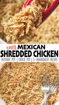 mexican shredded chicken in a white bowl with a red spatula on top and an image of