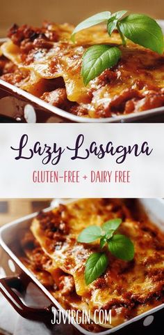 two plates of lasagna with basil garnish on top and text overlay reading easy lasagna gluten - free + dairy free