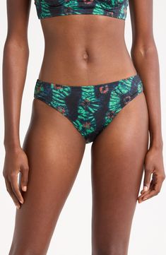 A eye-catching pattern brings sunny flair to these classic hipster bikini bottoms. Moderate back coverage Lined 80% polyamide, 20% elastane Hand wash, dry flat Made in Portugal Green Printed Poolside Bottoms, Green Printed Bottoms For Poolside, Printed Elastane Swimwear For Beach, Printed Stretch Bottoms For Poolside, Stretch Printed Bottoms For Poolside, Printed Elastane Swimwear For Poolside, Stretch Printed Tie-side Bottoms, Stretch Printed Bottoms For Pool, Fabric Gift Bags