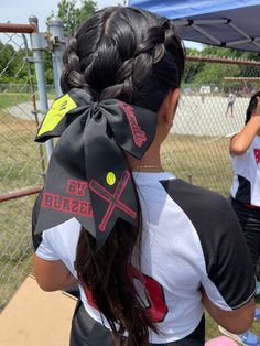 softball, hairstyles, cute, bow, dutch braid, braid, hair Sports Day Hair, Softball Braids, Volleyball Hair Bows, Softball Hair Bows, Two Braid Hairstyles, Hairstyles Cute, Dutch Braid Hairstyles