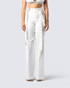 Nothing says “statement piece” like these white vegan leather pants 😮‍💨 Made from a stretch twill, and complete with a triple belt waist, belted leg detailing, and a wide leg fit for a striking look that will always have you at the center of attention 🤍 Jumpsuit Corset, Denim Pleated Skirt, White Corset Dress, Vegan Leather Pants, Yellow Mini Dress, Red Mini Skirt, Chain Dress, Orange Satin, Flare Jumpsuit