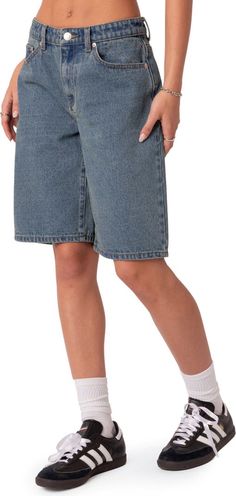 EDIKTED Oversize Low Rise Denim Bermuda Shorts | Nordstrom Long Jean Shorts Outfit, Outfits Quotes, Y2k Outfits Aesthetic, Long Jean Shorts, Long Denim Shorts, Bermuda Jeans, Y2k Aesthetic Outfits, Y2k Outfits, Long Jeans