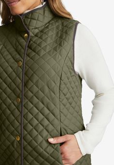 Meet the casual layer of the season. Quilting adds texture and warmth to this vest that is the perfect layering piece for cold days. Pair it with a turtleneck and jeans or chinos.  Straight silhouetteMandarin collarFront closureSide pocketsCorduroy tipping detailPrincess seamsFully linedPolyester30" lengthMachine wash; Imported Puffer Vest With Hood, Long Peacoat, Long Overcoat, Plus Size Winter, Winter Outerwear, Dark Olive Green, Tunic Tank Tops, Ladies Of London, Quilted Vest