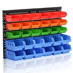 a rack with several plastic bins on it