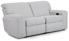 the reclining loveseat is shown in light gray fabric with black piping