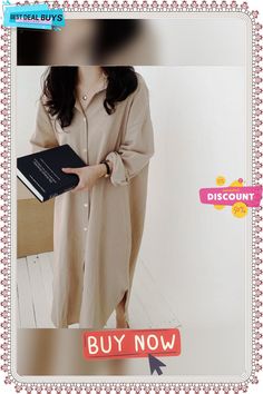 3/4 Sleeve Cotton-blend Solid Casual Dress Casual Beige Long Sleeve Shirt Dress, Summer Office Long Sleeve Midi Dress, Shift Midi Dress With Long Sleeves For Day Out, Oversized Long Sleeve Midi Dress, Beige Long Sleeve Midi Dress For Office, Beige Long Sleeve Shift Midi Dress, Casual Oversized Dress For Office, Long Sleeve Shift Midi Dress For Daywear, Cotton Long Sleeve Midi Dress For Office