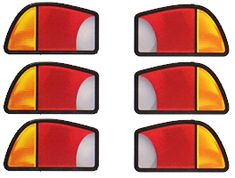 six red and yellow tail lights on white background