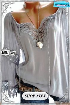 Large Size Women Openwork Lace Long-sleeved Blouse Solid Color Large V-neck Casual Tops Color Pick, Ladies Tops Fashion, Casual Tops, Large Size, Long Sleeve Blouse, Solid Color, V Neck, Lace, Color